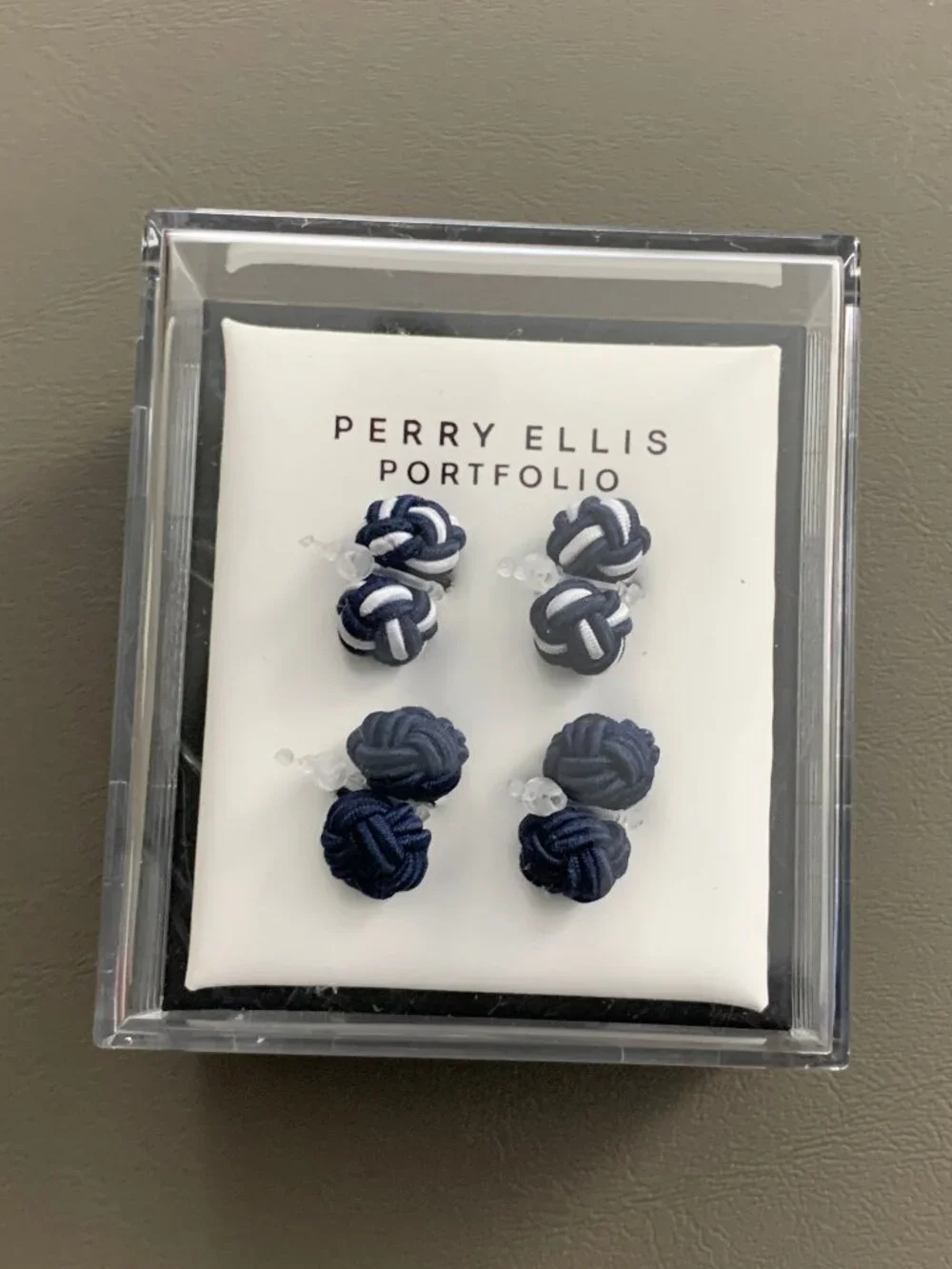 Perry Ellis Portfolio Men's 2-Pair Silk Knot Cufflinks, Navy Blue and White